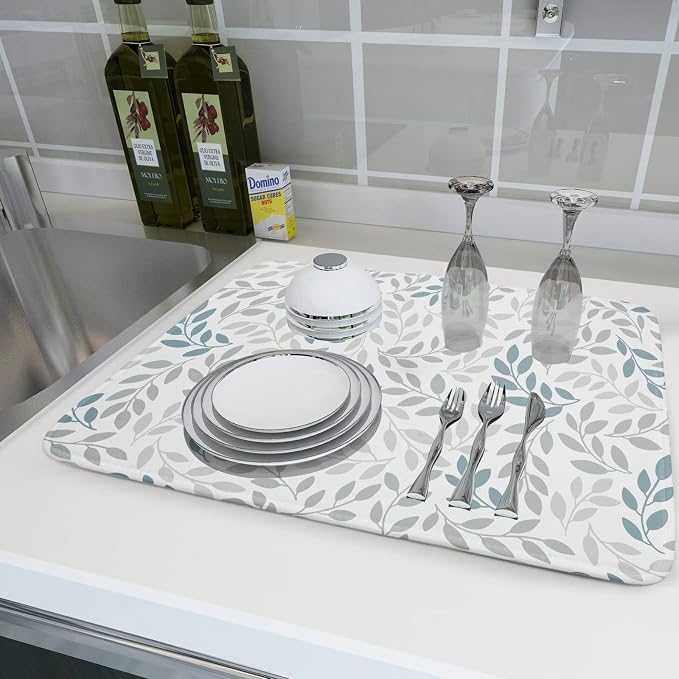 Dish Drying Mats for Kitchen Counter 16x18inch，Grey and Blue Leaves branches - Image 6