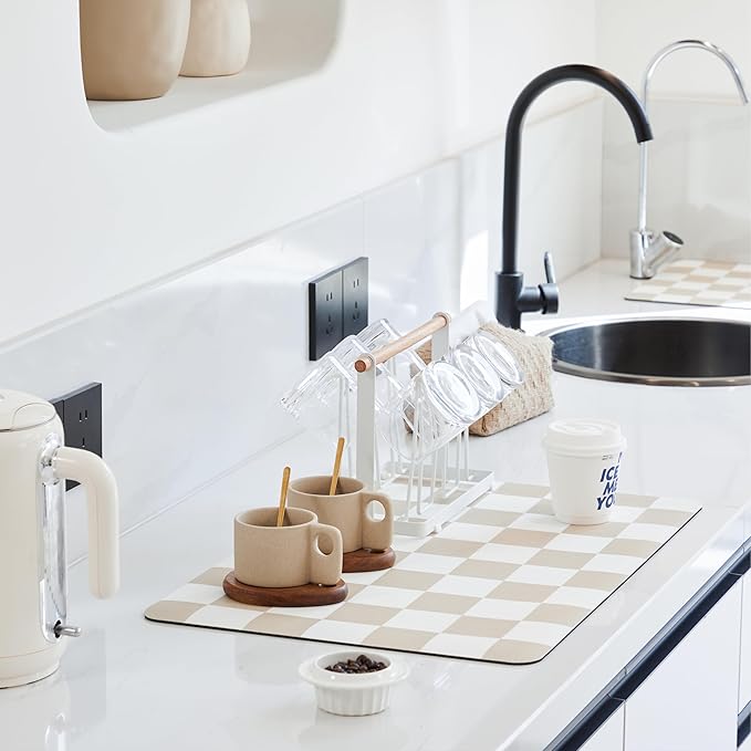 Checkered Dish Drying Mat for Kitchen Counter, Coffee Bar Station Accessories by Ohocut