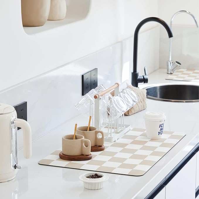 Checkered Dish Drying Mat for Kitchen Counter, Coffee Bar Station Accessories by Ohocut