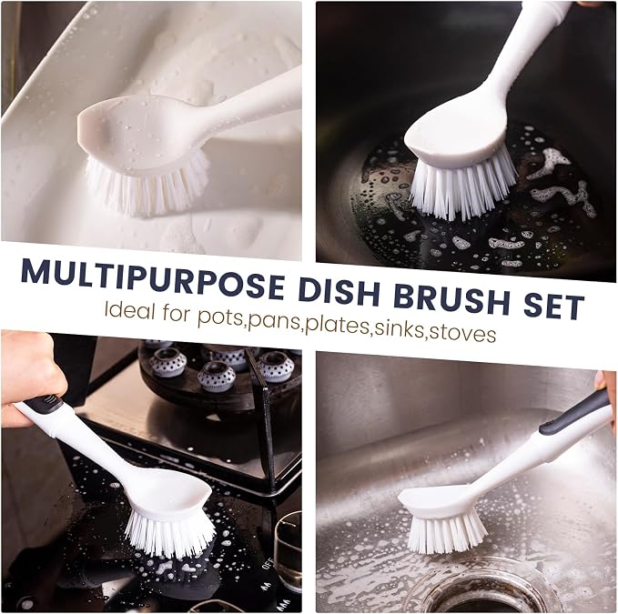 Dish Brush with Handle, Dish Scrub Brush with Built-in Scraper, Nylon Dish - Image 6