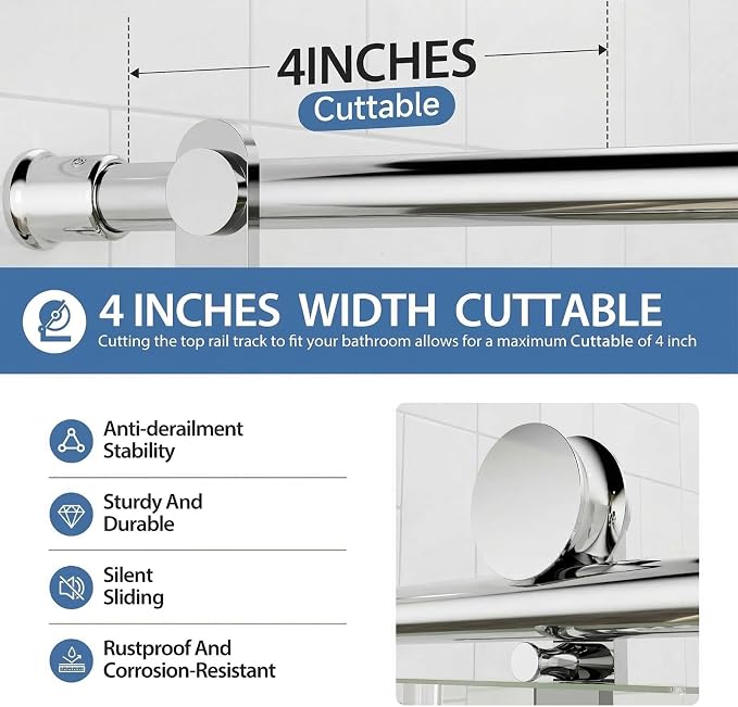 Frameless Sliding Shower Door for 56–60 in Wide Shower, Stainless Steel - Image 2