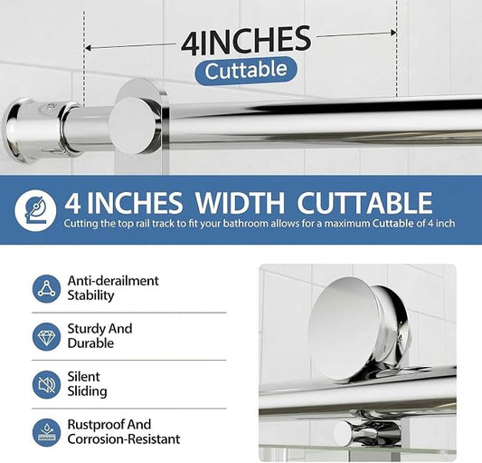 Frameless Sliding Shower Door for 56–60 in Wide Shower, Stainless Steel - Image 2