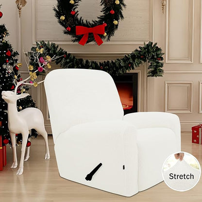 Easy-Going Recliner Stretch Sofa Slipcover Sofa Cover 4-Pieces Furniture Protector Couch Soft with Elastic Bottom, Spandex Jacquard Fabric Small Checks(Recliner,Cream)