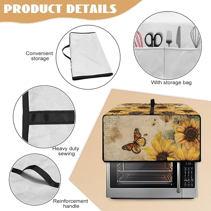 Microwave Oven Dust Cover Dust-Proof Sturdy Microwave Oven Cloth Cover Waterproof Kitchen Appliance Protector Suitable for Most Microwave Ovens, Vintage Sunflower Butterfly Letter Print, L