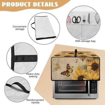 Microwave Oven Dust Cover Dust-Proof Sturdy Microwave Oven Cloth Cover Waterproof Kitchen Appliance Protector Suitable for Most Microwave Ovens, Vintage Sunflower Butterfly Letter Print, L
