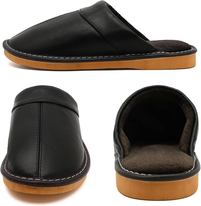 Slippers for Women Men, Genuine Leather Slippers Indoor Outdoor, Fuzzy Bedroom - Image 3
