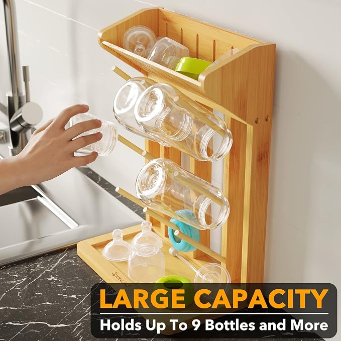 SpaceAid Bamboo Baby Bottle Drying Rack, Space Saving Kitchen Bottles Holder - Image 3
