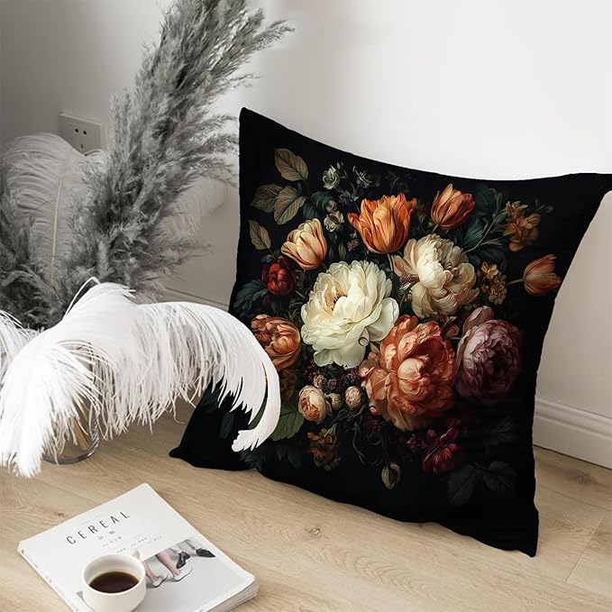 Vintage Floral Throw Pillow Covers, Vintage Flower Pattern Double Sided Cushion Cover, Indoor and Outdoor Home Art Decor Pillowcase for Sofa or Bedroom Decor 18x18inches (Black, 18x18inches)