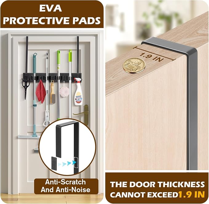 Mop and Broom Holder Over the Door, Wood Broom Hanger, Broom and Mop Organizer - Image 3
