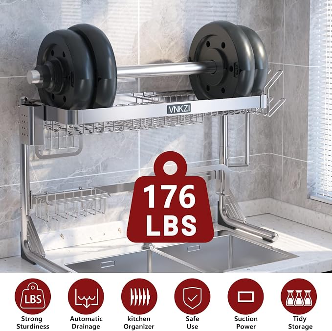 VNKZI Over Sink Dish Drying Rack, 2 Tier Full Stainless Steel Storage - Image 4