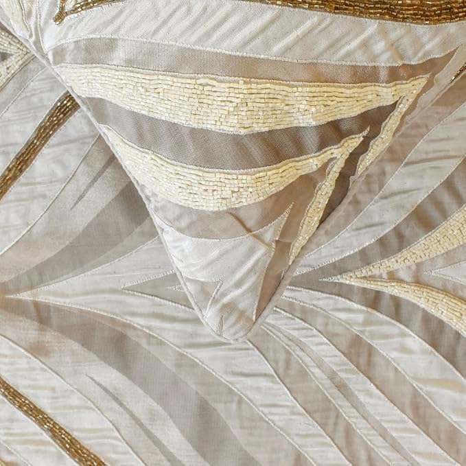 The HomeCentric King/Queen/Twin Ivory Luxury Queen 74"x18" Bed Runner with Two Pillow Cover, Bead Hand Embroidery Bed Scarf on Jacquard Fabric - Clarissa Serene