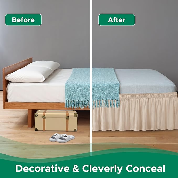 Biscaynebay Wrap Around Bed Skirts for Queen Beds 14" Drop, Sand Adjustable Elastic Dust Ruffles Easy Fit Wrinkle Resistant Silky Luxurious Fabric Machine Washable