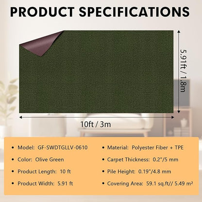 Marine Carpet,6 FT x 10 FT Olive Green Indoor Outdoor Carpet 0.2" Thick with Water-Proof TPE Backing, Non-Slide for Home, Patio, Porch, Deck