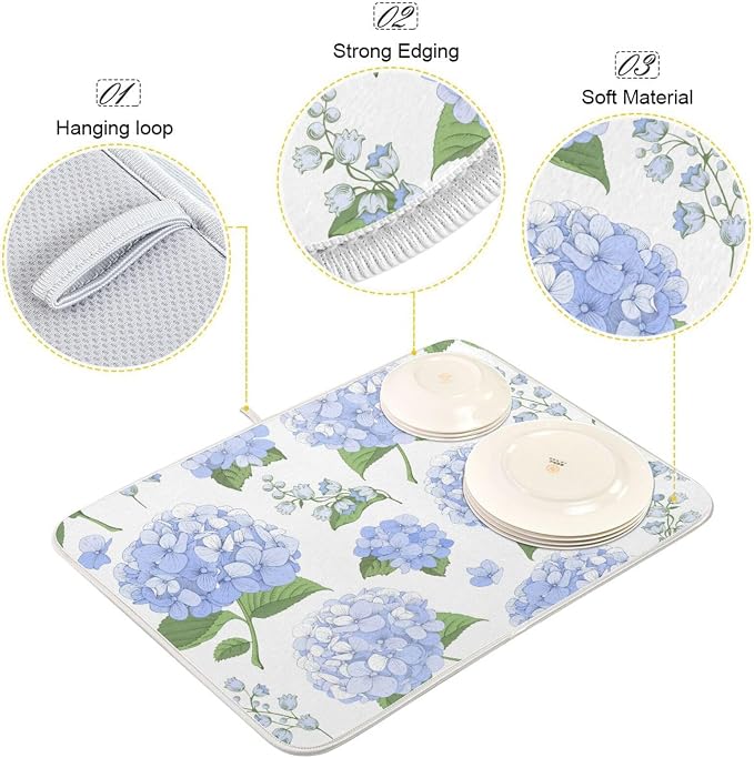 Blue Hydrangea Flowers Dish Drying Mat Super Absorbent Drying Mat Large Coffee - Image 5