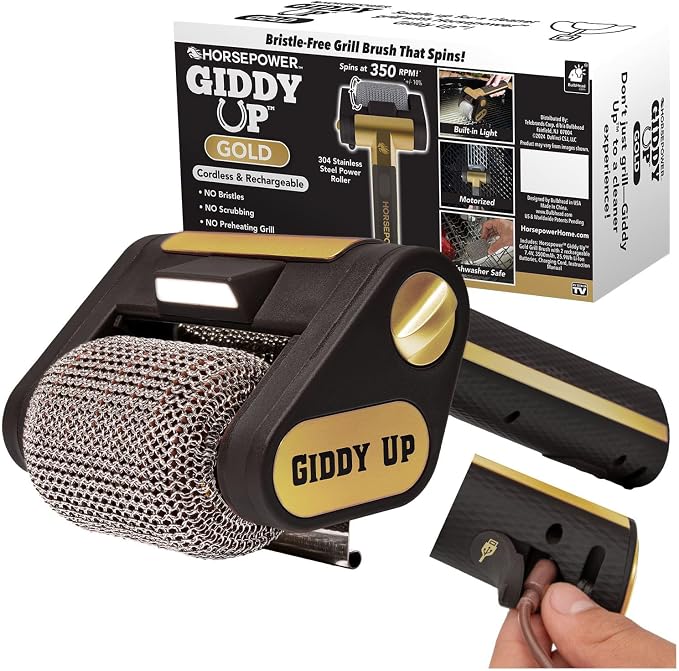 Horsepower Giddy Up GOLD Bristle-Free Spinning Grill Brush w/LED & Longer Run by Horsepower
