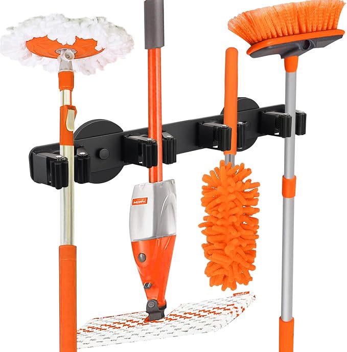 Magnetic Broom Holder Rack, Strong Magnetic Mount Mop Holder 4 Racks by UNUSFIRE