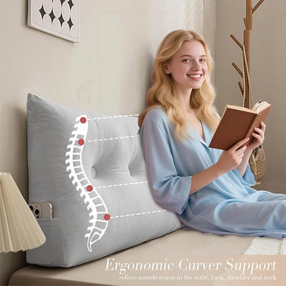 Queen Size Headboard Pillow Wedge Long Backrest Positioning Support for Daybed Wedge Bed Rest Reading Pillow with Side Pockets Bolster Cushion