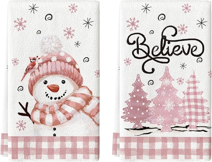 Artoid Mode Pink Xmas Tree Snowman Christmas Kitchen Towels Dish Towels by ArtoidMode