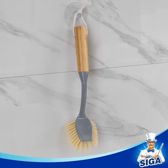 MR.SIGA Dish Brush with Long Bamboo Handle Built-in Scraper, Scrub Brush - Image 6