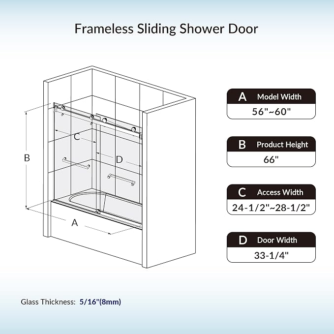 Woodbridge Frameless Bathtub Shower Doors 56-60" Width x 66" Height - Image 5