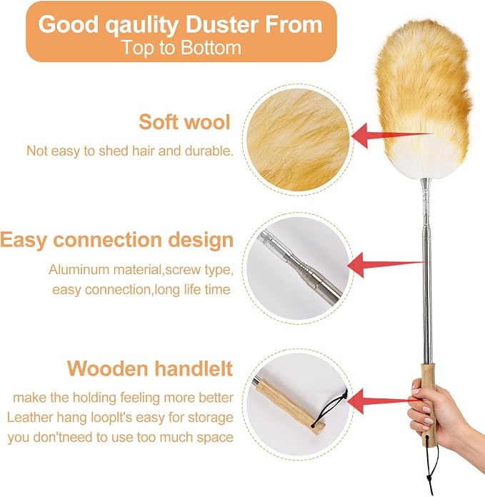 Extendable Lambswool Feather Duster 31-88 Inch, Anti-Static Wool Duster - Image 4
