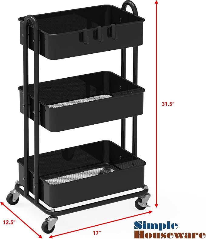 Simple Houseware 3-Tier Heavy Duty Metal Utility Rolling Cart - Image 6