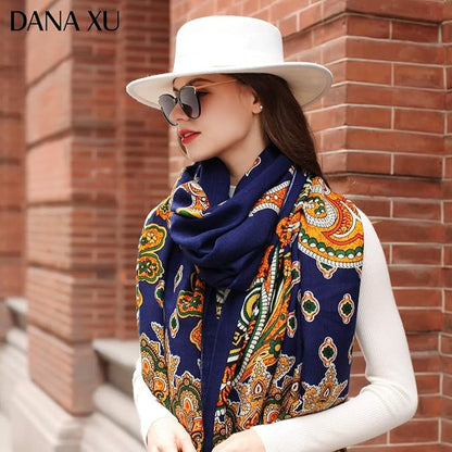 DANA XU 100% Merino Wool Pashmina Shawl for Women 96"x43", Oversized Cashmere Wrap with Tassels, Floral Travel Blanket Cape