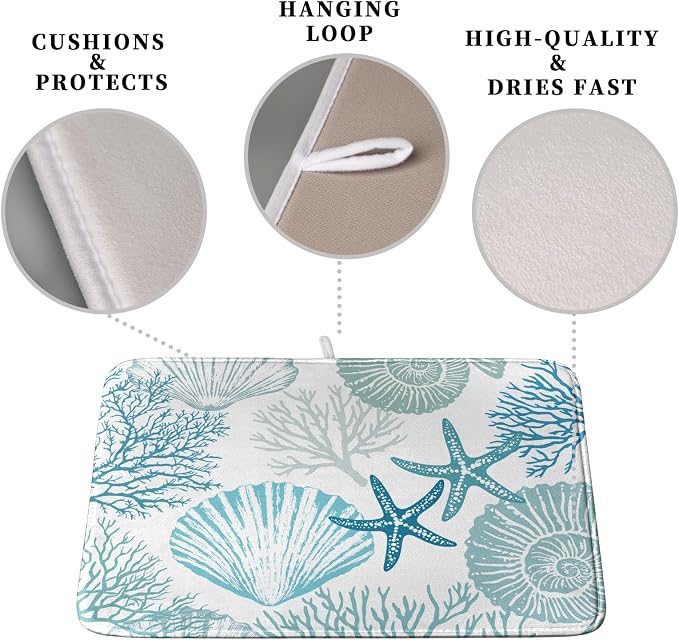 Summer Blue Dish Drying Mat for Kitchen Counter Nautical Coastal Teal Dishes - Image 3