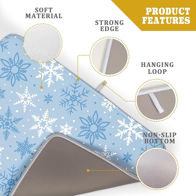 Winter Dish Drying Mat for Kitchen Counter 18x24 Blue White Snowflake Holiday - Image 4