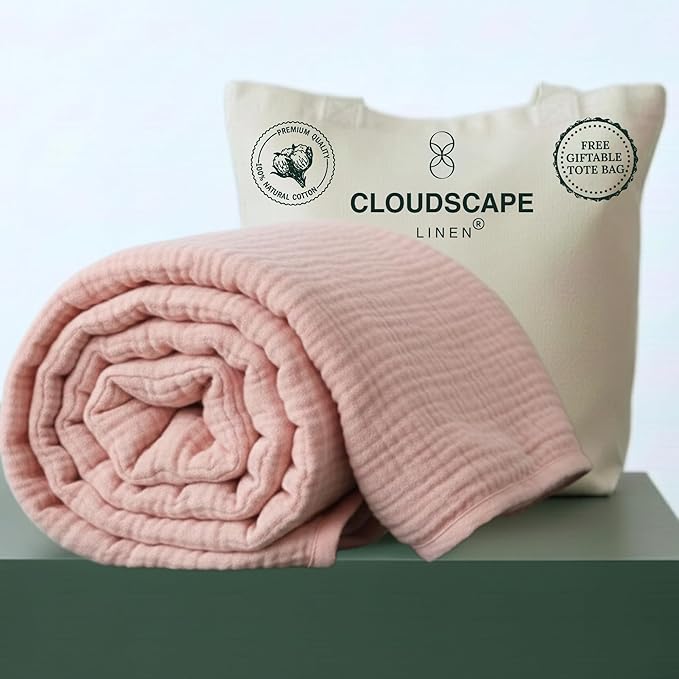 Cloud Scape Linen 4 Layer Oversized Muslin Blanket King Size - 100% Cotton, Lightweight & Breathable All Season Blanket for Bed, fits California King, 92x108, Seashell Pink