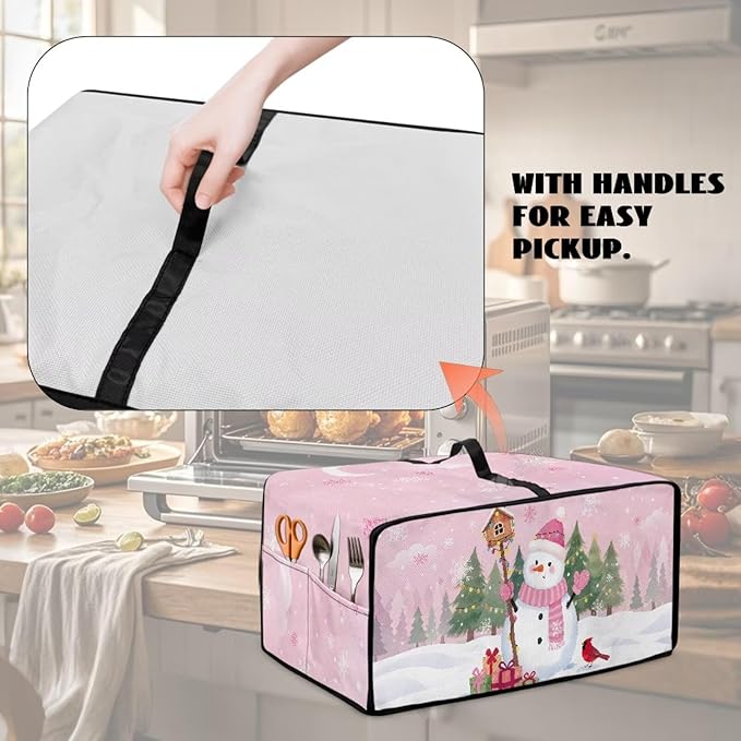 Convection Oven Dustproof Cover with Pockets Washable Toaster Oven Cover Winter Small Appliance Accessories for Kitchen Countertop Christmas Decor, Snowman Cardinal Snowflake Tree Print, L