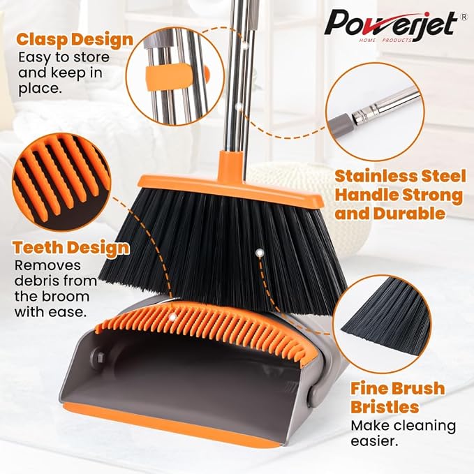 POWERJET Upright Broom & Dustpan Set, Angled Lobby Broom, Exclusive Long Handle - Image 2