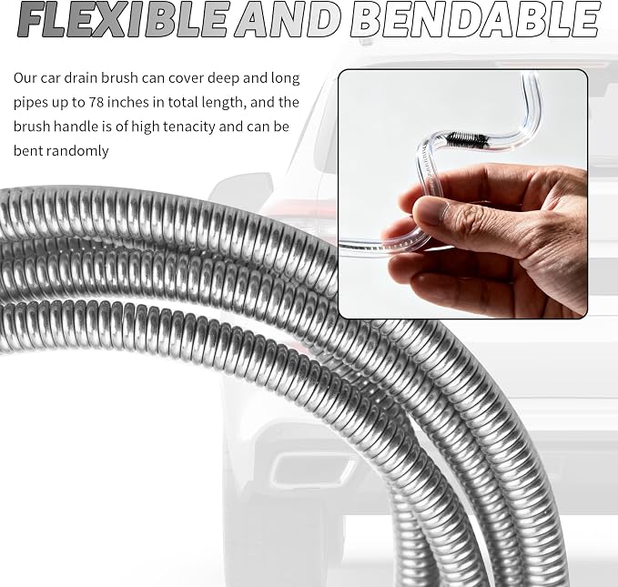 78" Long Flexible Car Drain Cleaning Brush, Stainless Steel/Nylon Pipe Cleaner - Image 3