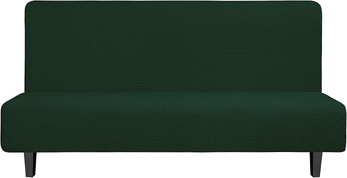 Easy-Going Stretch Futon Slipcover Armless Futon Bed Cover Furniture Protector Without Armrests with Elastic Bottom for Kids, Soft Jacquard Fabric Small Checks (Large, Dark Green)