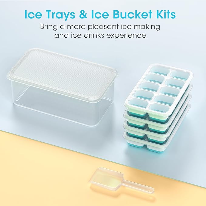 DOQAUS Ice Cube Tray with Lid and Bin, 4 Pack Silicone Plastic Ice Cubes Trays - Image 8