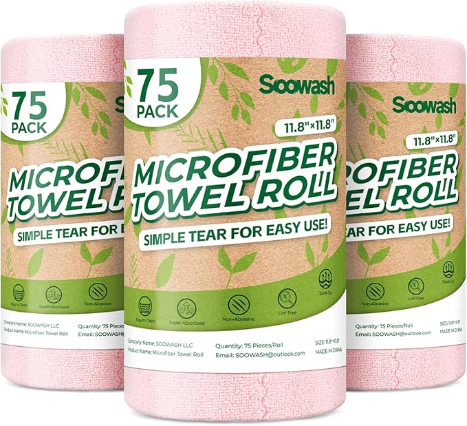 Microfiber Cleaning Cloths Roll, 225 Pack Tear Away Microfiber Towels Roll by SOOWASH