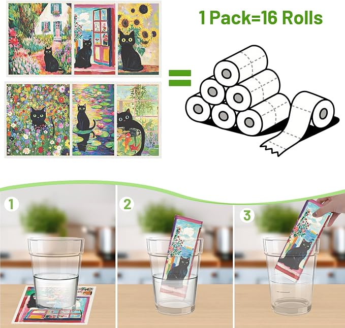 Swedish Dishcloths for Kitchen, 6 Pack Oil Painting Black Cat Reusable Paper - Image 3