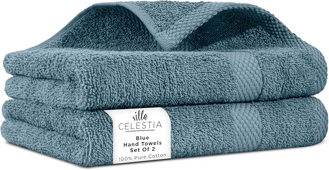 100% Cotton Hand Towel Set of 2, Sustainable, Highly Absorbent, Quick Drying by VillaCelestia