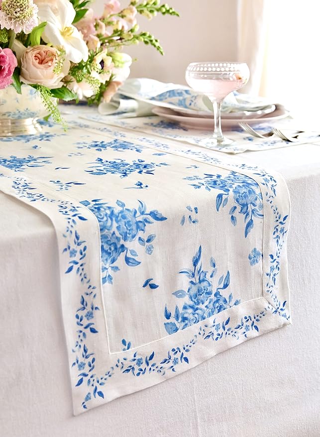 Solino Home Blue Floral Print Table Runner 72 Inches Long - 100% Pure Linen Table Runner 14 x 72 Inch - Handcrafted and Machine Washable - Jolie Fleur Print