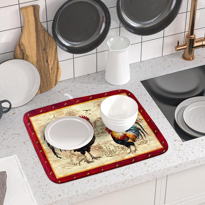 Farm Rooster Dish Drying Mat for Countertop 16x18 Inches Red Rustic Chicken - Image 6