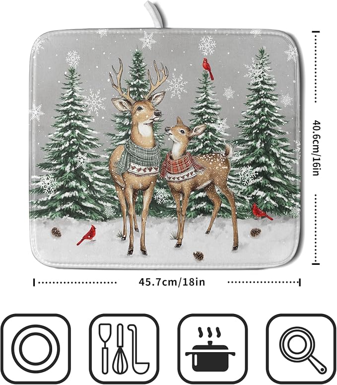 Winter Deer Dish Drying Mat Pine Tree Absorbent Dish Dry Pad Seasonal - Image 2