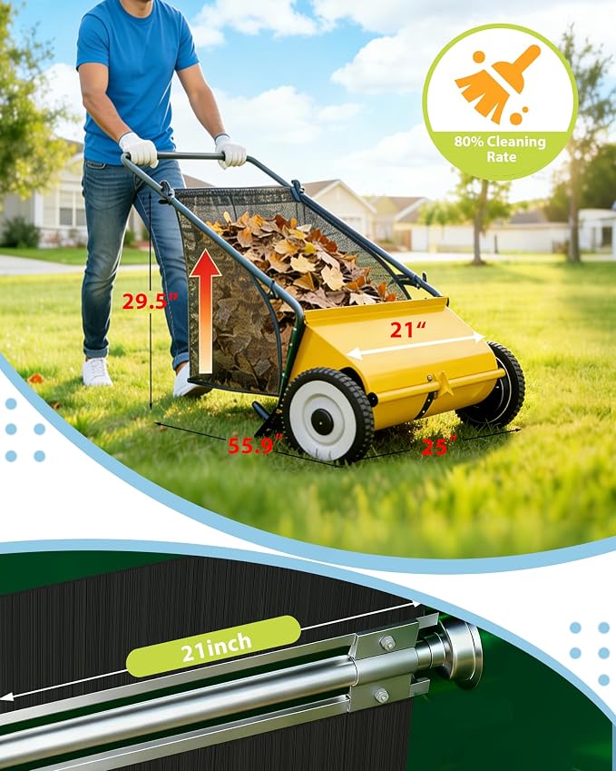 Push Lawn Sweeper, 21-Inch Width Enhanced 4-Brush System, 3.5 ft Capacity Heavy - Image 6