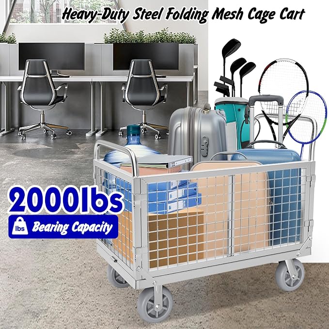 Platform Truck with Cage, 6 in1 Foldable Heavy Duty Steel Flatbed Cart - Image 4