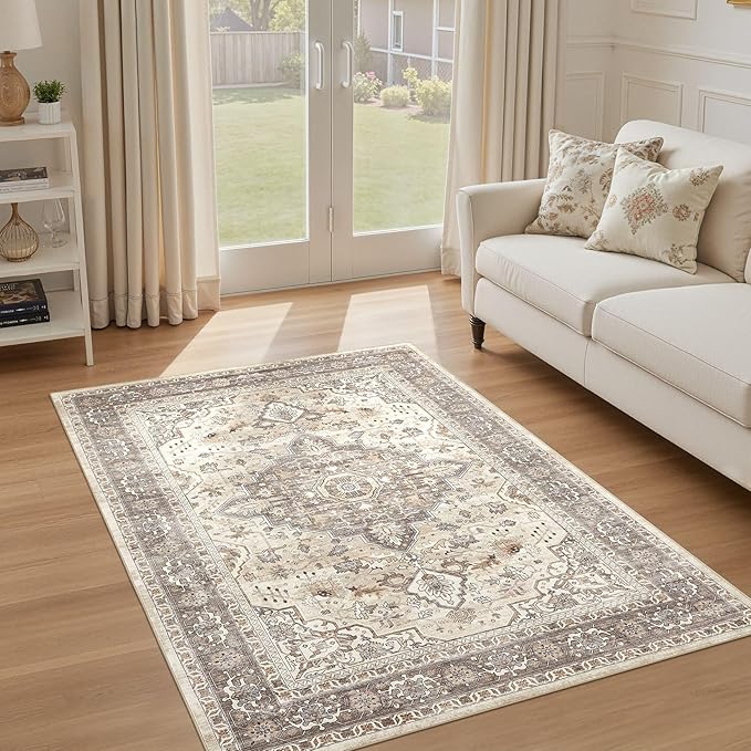 4x6 Area Rug Washable Rugs: Boho Large Neutral Vintage Soft Rugs Stain Resistant Farmhouse Non-Slip Indoor Floor Carpet for Bedroom Nursery Entryway Kids Playroom Office Dining Room Home Decor- Brown