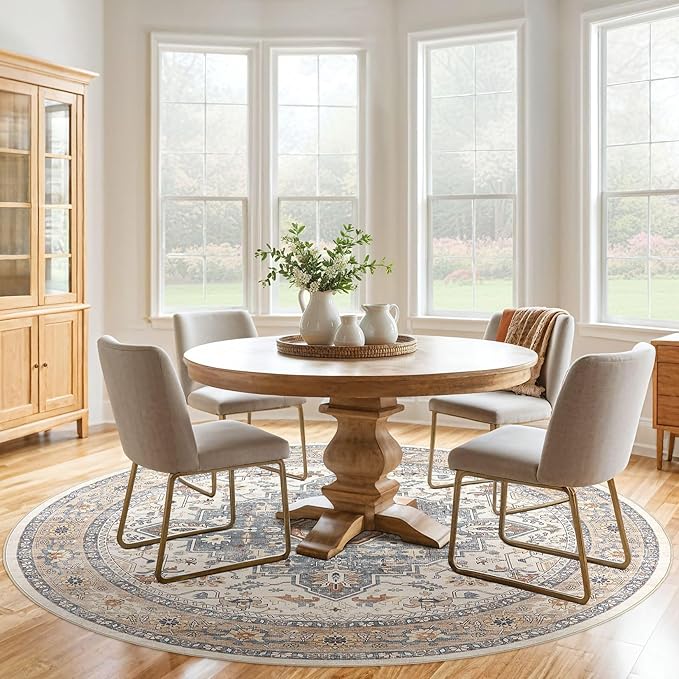 Round Rug Living Room Rugs: 5Ft Washable Boho Neutral Large Circle Soft Indoor Distressed Stain Resistant Floor Farmhouse Carpet for Bedroom Nursery Kids Playroom Office Dining Room Dorm- Beige Blue