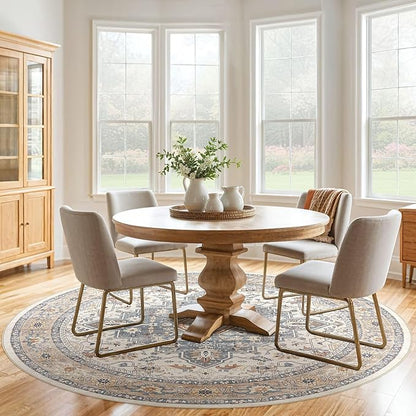 Round Rug Living Room Rugs: 5Ft Washable Boho Neutral Large Circle Soft Indoor Distressed Stain Resistant Floor Farmhouse Carpet for Bedroom Nursery Kids Playroom Office Dining Room Dorm- Beige Blue