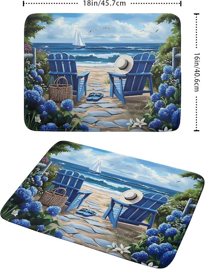 Summer Beach Chairs Dish Drying Mat Sea Wave Blue Floral Drying Mat fo Kitchen - Image 2