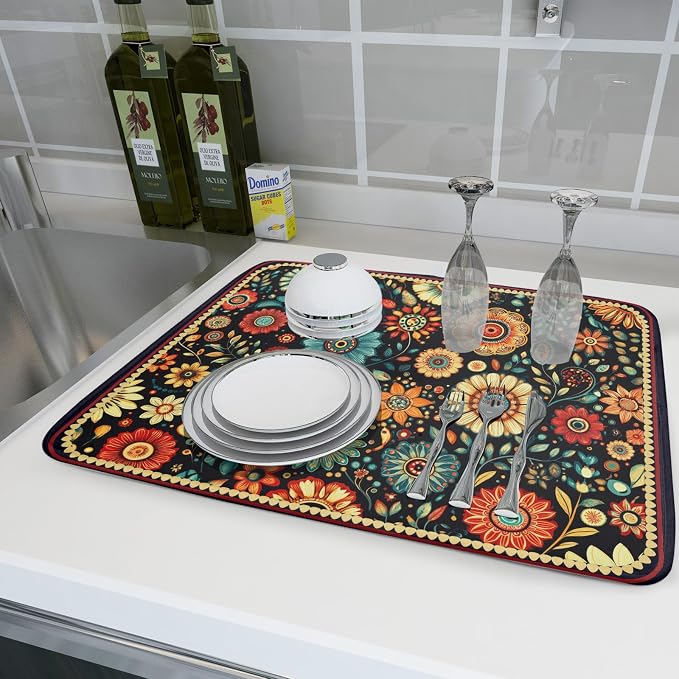 Boho Floral Dish Drying Mat for Kitchen Counter Absorbent Microfiber Flowers - Image 6