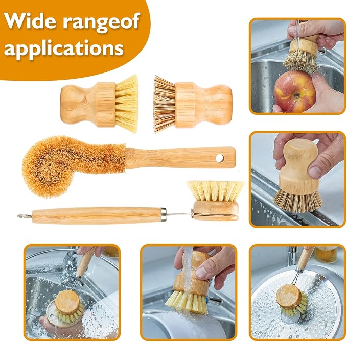 Bamboo Dish Brushes Sets 4 Tools in One Kitchen Clean Dish Scrubber - Image 4