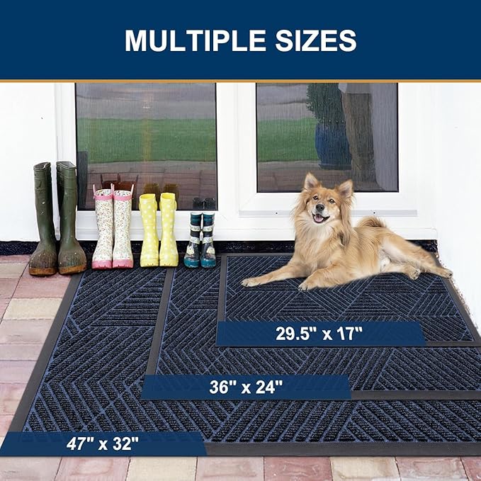 Smiry Front Door Mat Outside Entrance, Heavy Duty Sturdy Natural Rubber Doormat, Trap Dirt and Moisture, Easy Clean Low Profile Mats for Indoor Outdoor Entry, Irregular Triangle (47x17, Navy Blue)